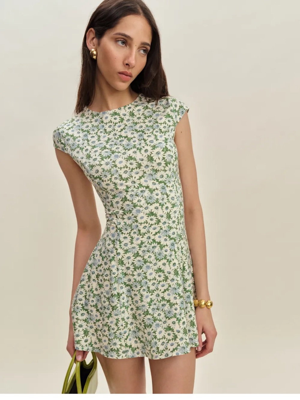 Reformation White and Green Daisy meadow Cap Sleeve Mini Dress yves knit dress